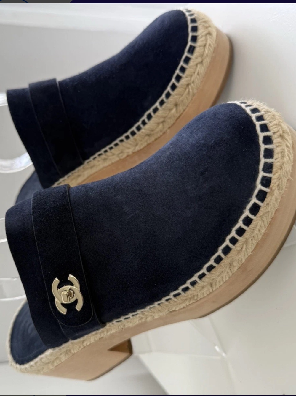 CHANEL Navy Suede Espadrille Clog Mules with Gold CC